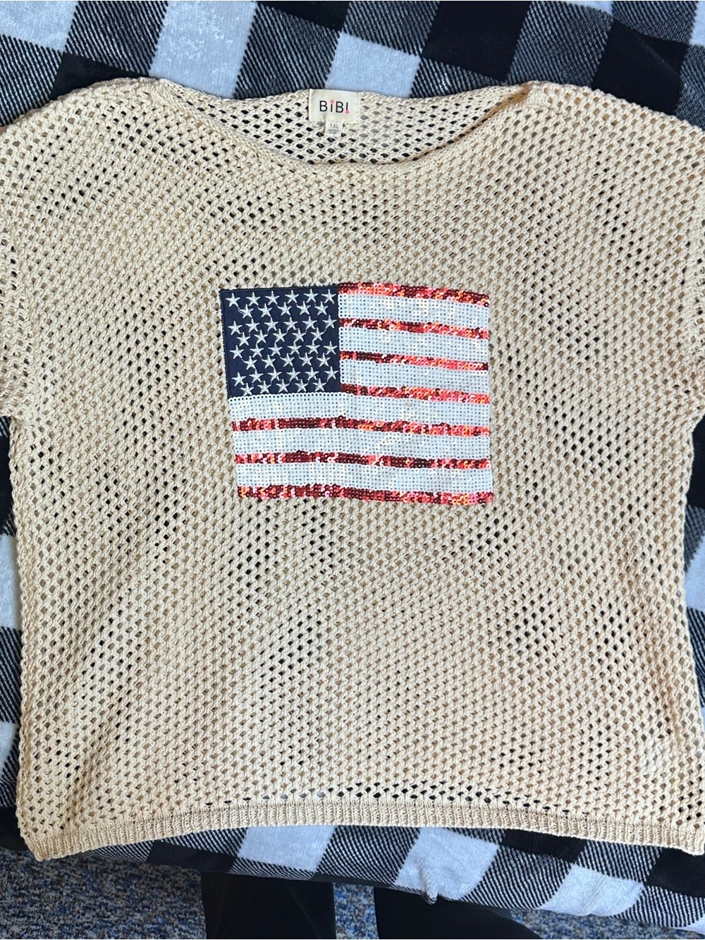BiBi Cream Open-Weave Short Sleeve Sweater with Sequin Flag